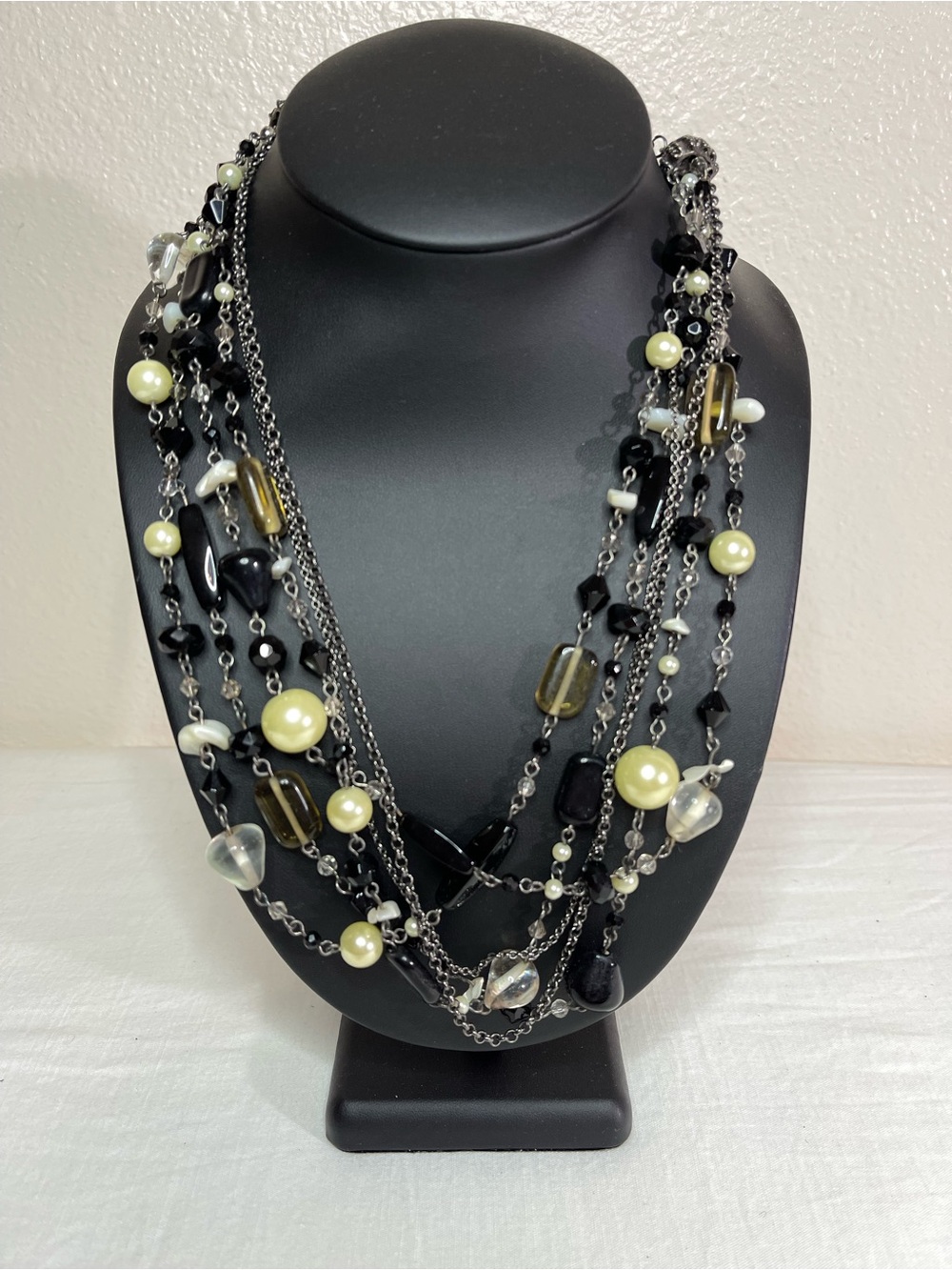 Lia Sophia Multi-Strand Black, Cream & Clear Beaded Necklace